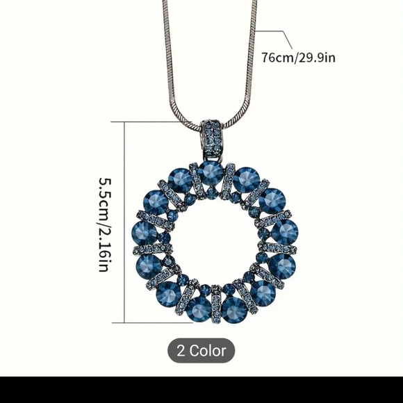 Long Circle pendant sweater necklace with blue and silver rhinestones - Picture 2 of 5